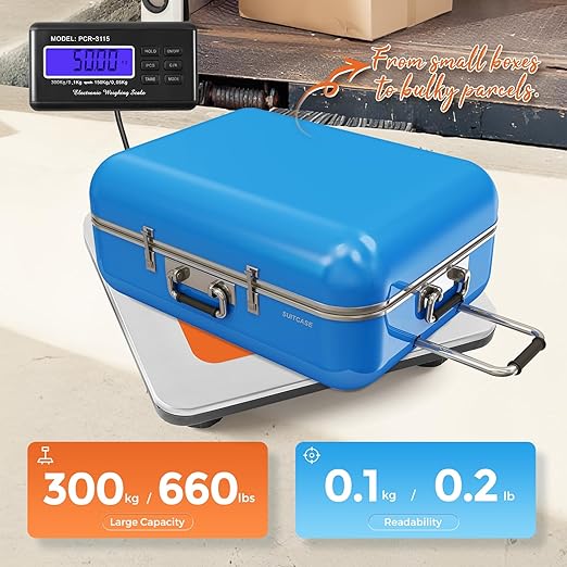 Bonvoisin Postal Scale Digital 300kg/ 660lb Parcel Shipping Scale kg/oz/lb Switchable, Heavy Duty Package Scale for Weighing Boxes/Luggage with Stainless Steel Platform 4 AA Batteries & Power Adapter-DeskLoop Office