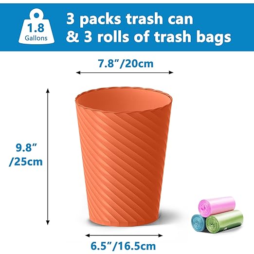 Bathroom Trash Can, 3 Pack 1.8 Gallons Small Trash Can with Trash Bags, Bathroom Garbage Can, Plastic Trash Bin, Round Waste Basket for Bedroom, Office, Kitchen, Compact Space (Orange)-DeskLoop Office