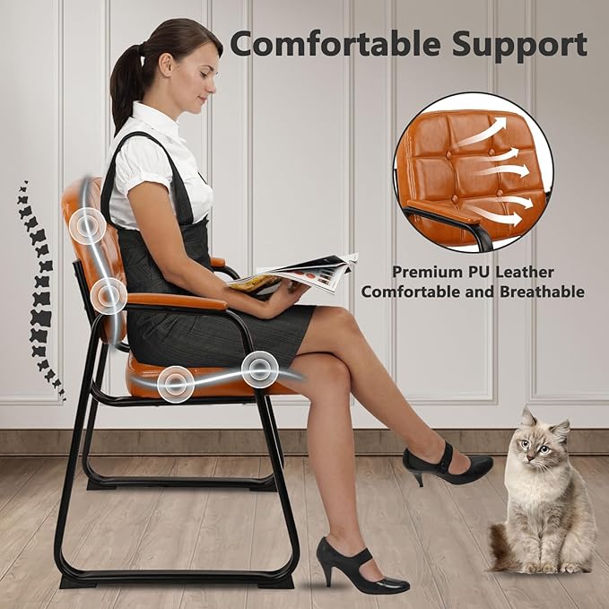 CLATINA Office Guest Chair, Leather Reception Chairs with Padded Arms, Desk Chair No Wheels Stationary for Conference Lobby Waiting Room Training Side Elderly, Set of 2-Orange-DeskLoop Office