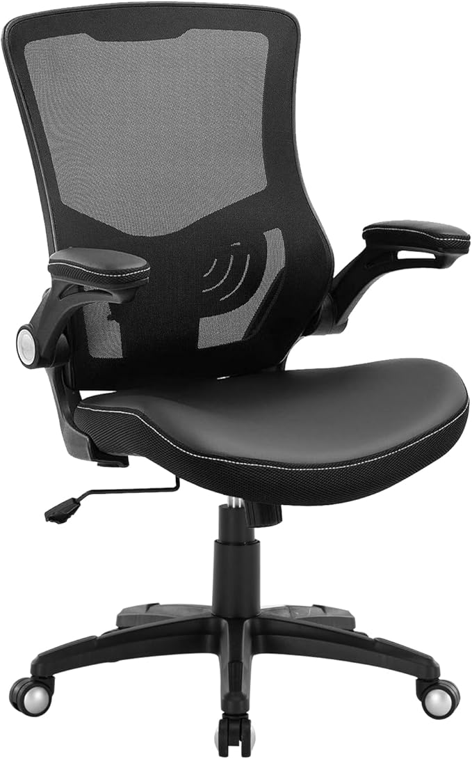 Office Chair Ergonomic Desk Chair, Computer PU Leather Home Office Chair, Swivel Mesh Back Adjustable Lumbar Support Flip-up Arms Executive Task Chair-DeskLoop Office