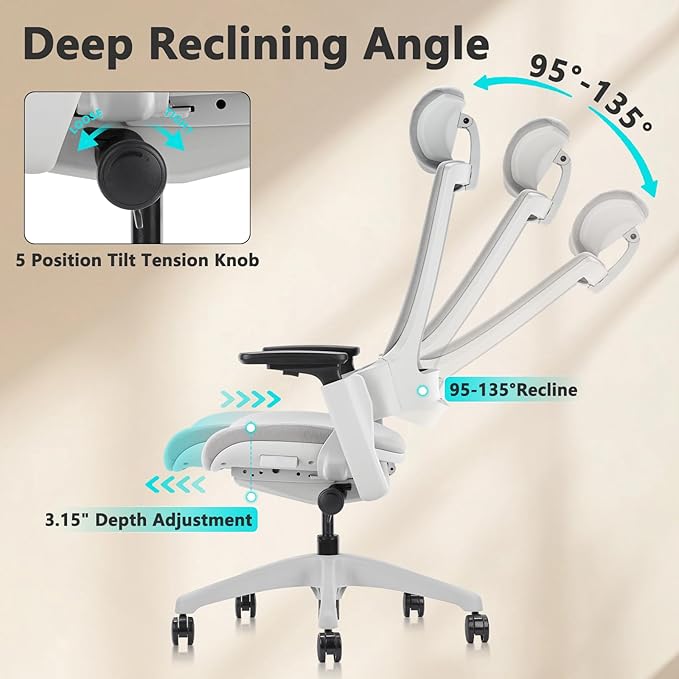 CLATINA Ergonomic High Swivel Executive Chair with Adjustable Height Head 3D Arm Rest Lumbar Support and Upholstered Back for Home Office Gray-DeskLoop Office