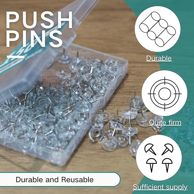 150 PCS Flat Clear Short Push Pins for Wall Thumb Tacks for Walls Flat thumbtacks Push pin for Bulletin Board Shadow Box Display Thumbtack for Cork Board-DeskLoop Office