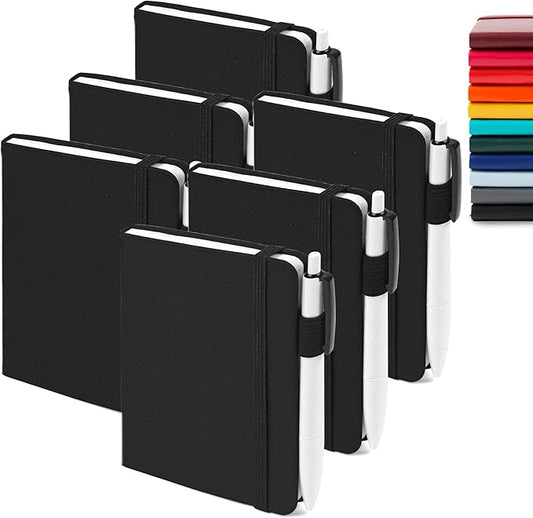feela 6 Pack Pocket Mini Notebooks Bulk, Small Cute Memo Notepads Hardcover College Ruled Lined Journals with Pen Holder for School Business Work, with 6 Black Pens, 3.5”x 5.5”, A6, Black-DeskLoop Office