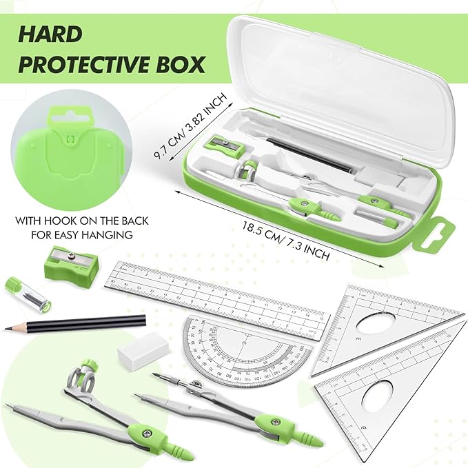 Zonon Math Geometry Set 10 Pcs Student Supplies with Shatterproof Storage Box, Includes Rulers Protractor Compass Pencil Sharpener Lead Refills Eraser Pencil for Drafting and Drawings(Green)-DeskLoop Office