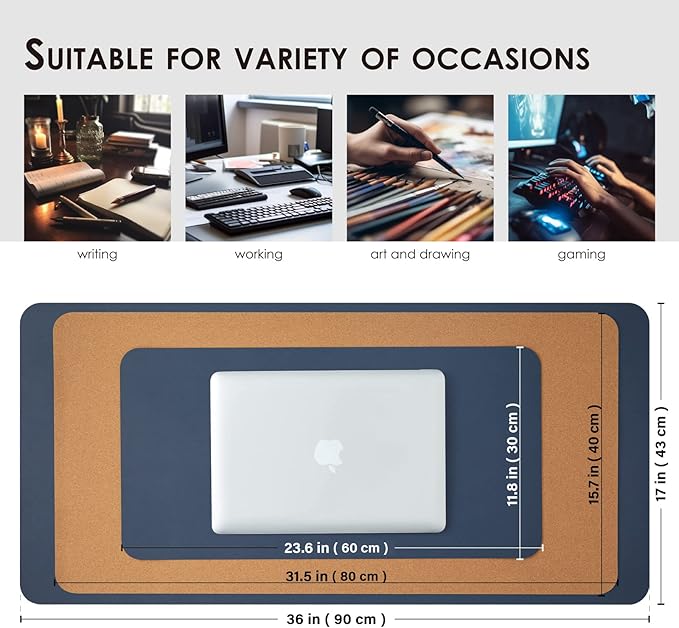Compact Cork Desk Mat - Small Dual-Sided Desk Pad for Office and Home - Desk Organization and Accessories - Ideal for Large Mouse Pad and Small Desk Mats on Top of Desks(Dark Blue,23.6"x 11.8")-DeskLoop Office