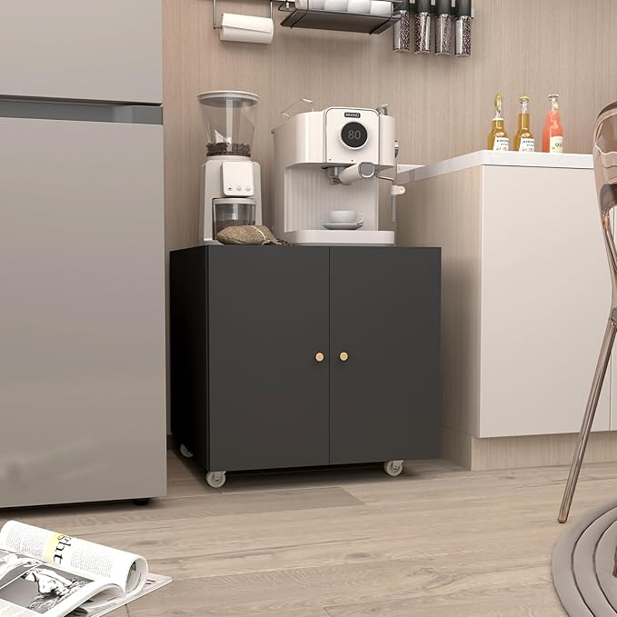 Printer Stand with Storage, 3D Heavy Duty Printer Table with Shelves, Large Printer Table for Home Office, Black Printer Stand on Wheels with Doors, Metal Fax Machine Stand for Workplace-DeskLoop Office