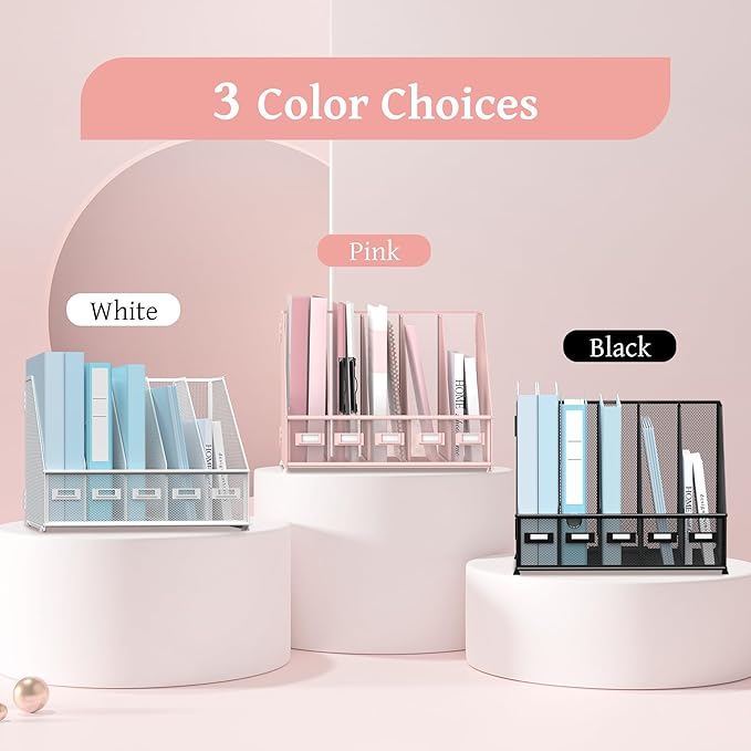 SUPEASY Desk Organizers Metal Desk Magazine File Holder with 5 Vertical Compartments Rack File Organizer for Office Desktop, Home Workspace, Pink-DeskLoop Office