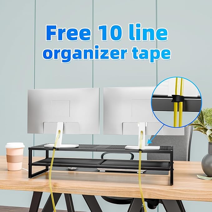 Simple Trending 2 Tier Metal Dual Monitor Stand Riser,Computer Office Desktop Organizer for 2 Monitors With 32"x10" Mouse Pad ,for Laptop,Printer,TV,Black-DeskLoop Office