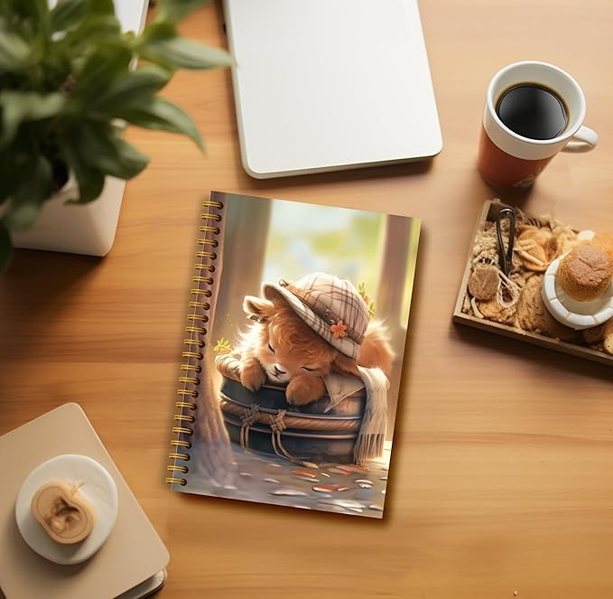 Cute Highland Cow Notebook - Western Cow Notebook, Highland Cow Office Supplies, Highland Cow Gifts, Cow Lover Gifts, Cute Cow Stuff, Funny Sleeping Highland Cow Spiral Notebook 5.5x8.3-DeskLoop Office
