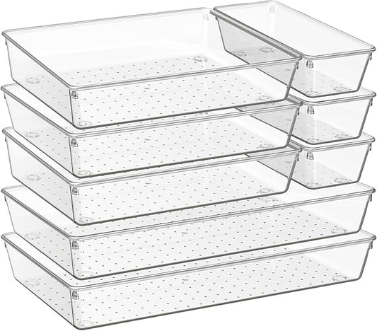 Criusia 8 Pack Drawer Organizer for Kitchen Gadgets, Large Clear Plastic Drawer Divider for Kitchen Accessories, Bathroom Organizers and Storage, Home Essentials for Makeup and Vanity Accessories-DeskLoop Office