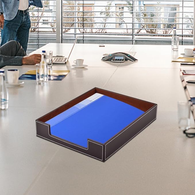 PU Leather 1-Layer Stackable Office File Document Tray Case Rack Paper Letter Tray Desk File Document Organizer Holder (Coffee)-DeskLoop Office