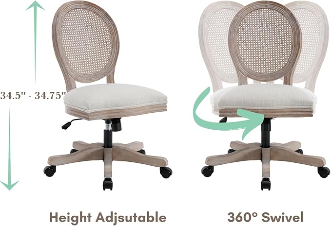 LukeAlon Rattan Back Linen Office Chair, Adjustable Height Swivel Task Chair with Wood Frame Armless Desk Chair with Wheels Upholstered Round Back Vanity Chair for Home Office Study Room, Beige-DeskLoop Office