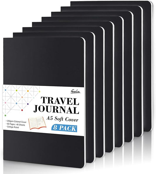 8 Pack Soft Cover Journal Bulk, Feela Notebooks College Ruled for Work, Lined Travel Journal for Women Men, Note Taking Notebook School Supplies Business Writing, 8.2” x 5.5”, A5, Black-DeskLoop Office