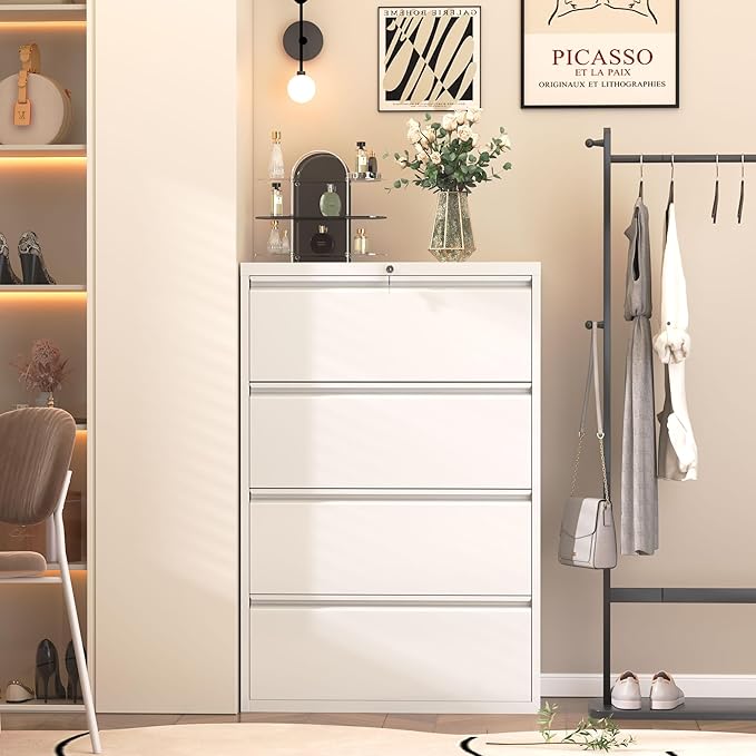 Superday Lateral File Cabinet 4 Drawer Metal File Cabinet with Lock, White Filing Cabinets for Home Office, Locking Filing Cabinets Hanging Files Letter/Legal/F4/A4-DeskLoop Office