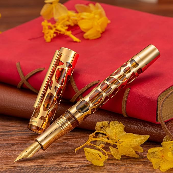 Asvine V169 Vacuum Filling Fountain Pen Extra Fine Nib, Water Drop Skeleton Gold Trim Transparent Coffee Acrylic Pen Case Set-DeskLoop Office