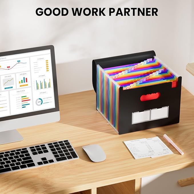 Sooez 24 Pockets Expanding File Folder with Blank Labels, According File Organizer with Expandable Cover, Desktop Accordion Folders Letter A4 Paper Document Storage Organizer, Blue-DeskLoop Office