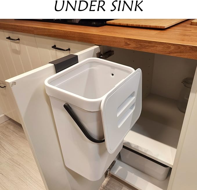 stonespace Hanging Trash Can, 3.2 Gallon/12L Small Waste Bin with Lid for Kitchen Cabinet Door or Under Sink, Bathroom Trash Bin with Lid, Food Waste Bin, 1 Pack White-DeskLoop Office