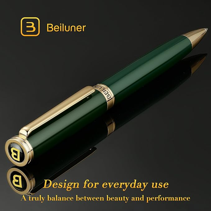 BEILUNER Luxury Gel Pen with 24K Gold Finish, Green Piano Lacquer, Luxury Grade Craftsmanship, Fancy Pen Gift Set for Men and Women, Graduation Gift, Executive, Office, Retractable, Nice Pen Set-DeskLoop Office