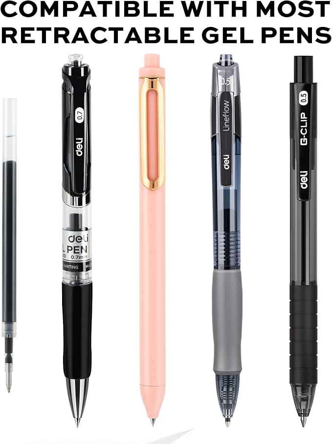 deli Gel Pen Refills, 30 Pcs Retractable Pen Refills Black Ink, Medium Point 0.7mm, Smooth Writing, Fast Dry, No Bleed for Journaling Note Taking, Home School Office Supplies-DeskLoop Office