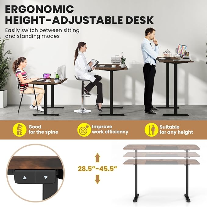 GOFLAME Height Adjustable Electric Standing Desk, 55 x 28 Inch Sit Stand Up Electric Desk with Metal Frame, Ergonomic Standing Workstation for Study, Office, Living Room, Brown-DeskLoop Office