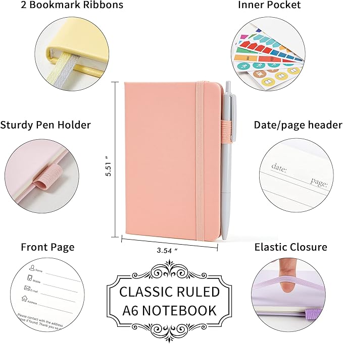 feela 6 Pack Pocket Small Notebooks Bulk, Mini Cute Memo Notepads Hardcover College Ruled Lined Journals with Pen Holder for Women Girls Office School, with 6 Black Pens, 3.5”x 5.5”, A6, Pastel Colors-DeskLoop Office