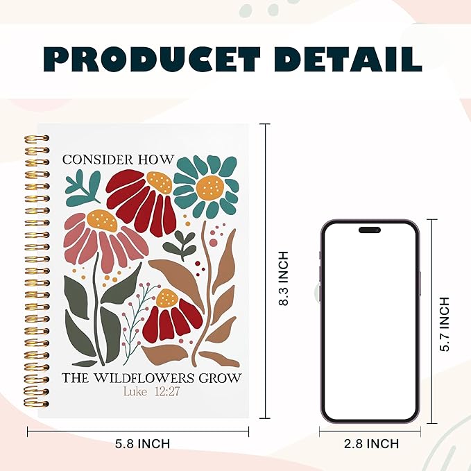 BearCake Boho Floral Christian Notebook Journal, Inspirational Christian Gifts for Women, Luck 12:27 Bible Religious Journal for Women, Flower Scripture Hardcover Spiral Notebook 5.5x8.3-DeskLoop Office