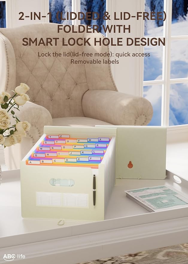 ABC life 26 Pockets Accordian File Organizer Expanding File Folders, Portable Letter A4 Size Filing Box,Plastic Monthly Receipt Document Organizer with Colored Tabs (Beige Color)-DeskLoop Office
