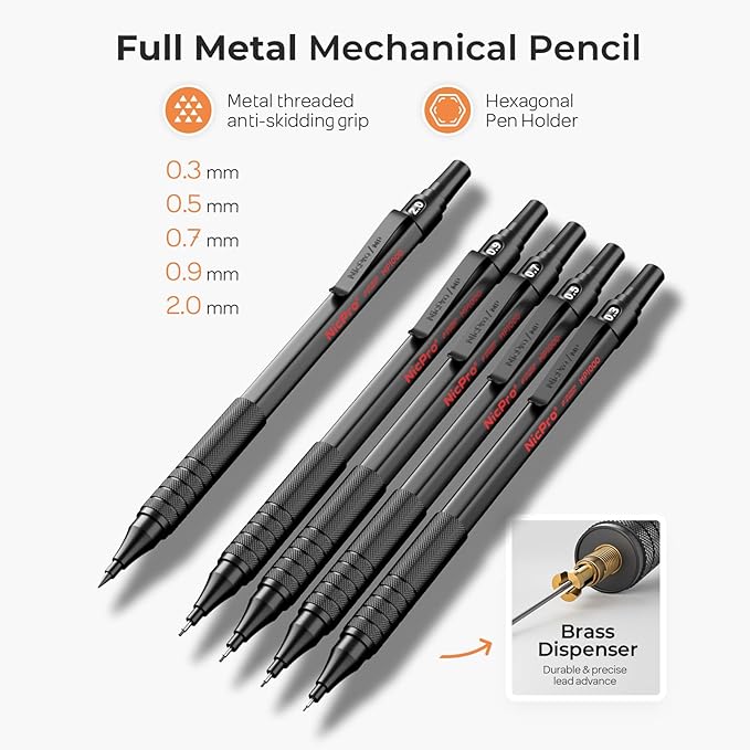 Nicpro 20PCS Black Metal Mechanical Pencil Set in Leather Case, Drafting Pencil 0.3, 0.5, 0.7, 0.9 mm & 2mm Lead Holders, 9 Tube (4B 2B HB 2H Colors) Lead Refills, Erasers For Art Sketching Drawing-DeskLoop Office