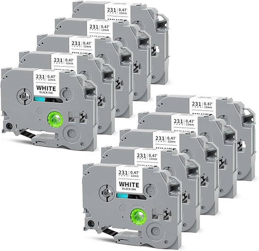 10-Pack Tze Tz Label Tape 12mm 0.47" Black on White Compatible for Brother 12mm Label Tape P Touch 12mm 0.47" White Label Maker Tape for PT-D220 PT-D210 PT-D200 PT-2430 PT-1890 PT-D610BT-DeskLoop Office