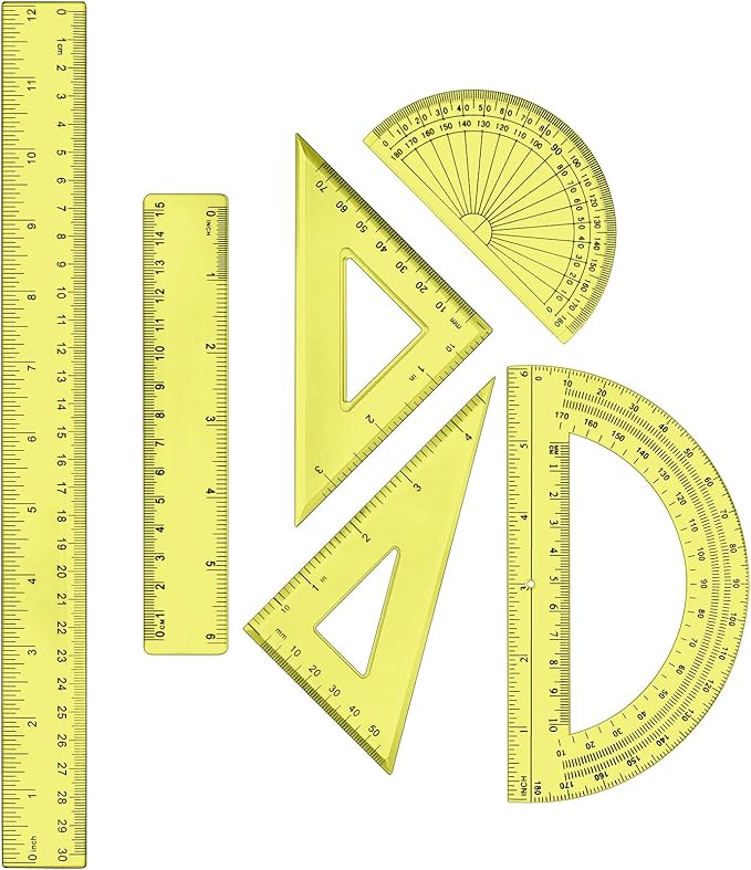 Tenare 1 Set Plastic Clear Math Set Includes Protractor Triangle Rulers 12 Inch 6 Inch Straight Geometry Math Transparent Ruler Measuring Tool for School Office Home Supplies(Yellow)-DeskLoop Office