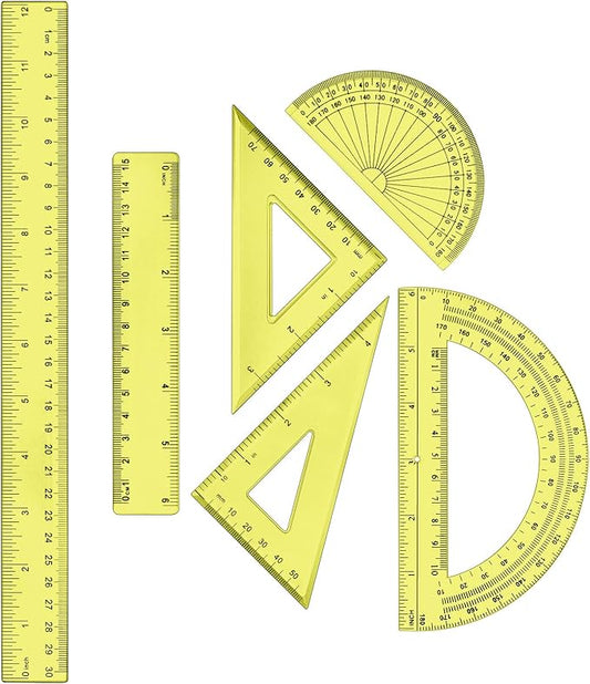 Tenare 1 Set Plastic Clear Math Set Includes Protractor Triangle Rulers 12 Inch 6 Inch Straight Geometry Math Transparent Ruler Measuring Tool for School Office Home Supplies(Yellow)-DeskLoop Office