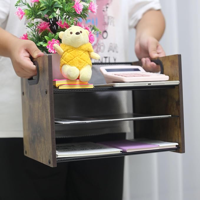 Wood Desk Organizer - 3-Tier Desktop File Organizer, Wooden Paper Tray, Office Desk Organzier and Accessories for Papers, Mail, Notebooks, Stationery-DeskLoop Office