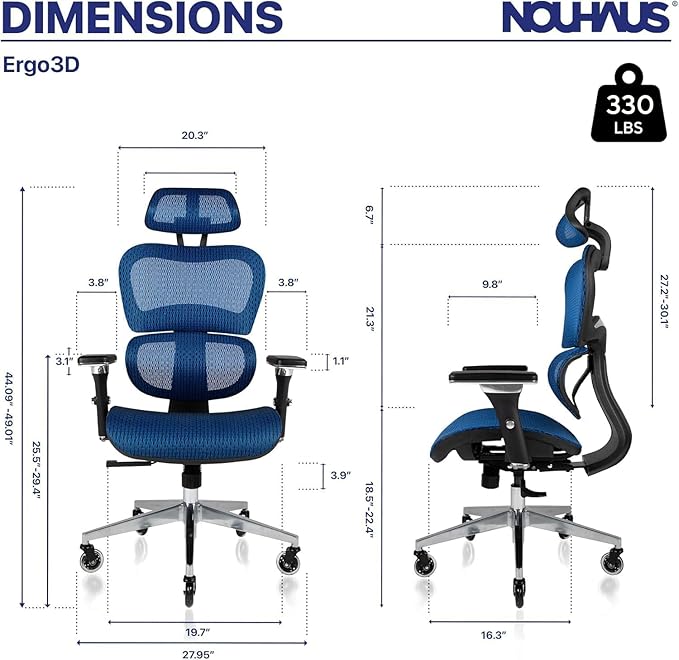 Nouhaus Ergo3D Ergonomic Office Chair Lumbar Support Mesh Office Chair with 4D Adjustable Armrest, Adjustable Headrest and Wheels, Mesh High Back Home Office Desk Chairs(Blue)-DeskLoop Office