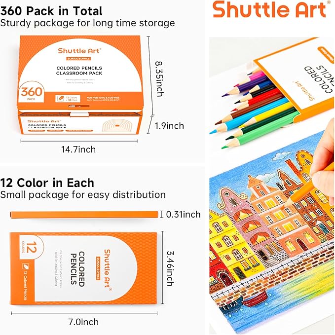 Shuttle Art 360 PCS Colored Pencils Bulk, 12 Assorted Colors, Pack of 30, Break-resistant, Pre-sharpened Colored Pencils for Kids, Bulk Pack School Supplies for Teachers & Students-DeskLoop Office