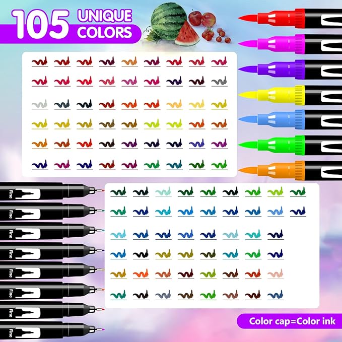 Brush Pens, 105 Colors Dual Tip Markers for Adult Coloring Books, Note Taking and Lettering-DeskLoop Office