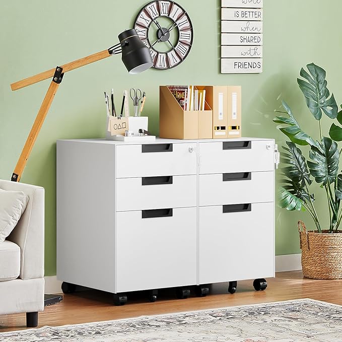 Letaya 3 Drawer Mobile File Cabinet with Lock,Under Desk Metal Small Filing Cabinets for Home Office Organizer Letters/Legal/A4(Fully Assembled Except Wheels-White)-DeskLoop Office