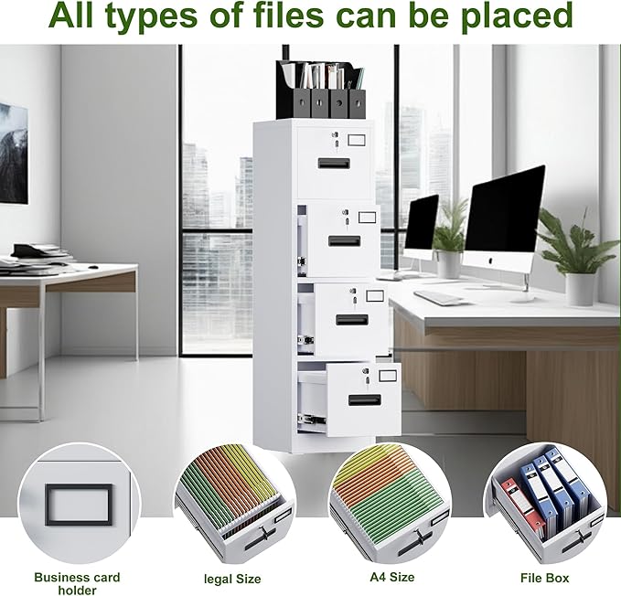 Aobabo 4 Drawer File Cabinet, Metal Filing Cabinet with Lock, Suitable for Home Office School Hanging Files Letter/Legal/A4 Size,White,Required-Assembly,17.72" D x 14.96" W x 55.2" H-DeskLoop Office