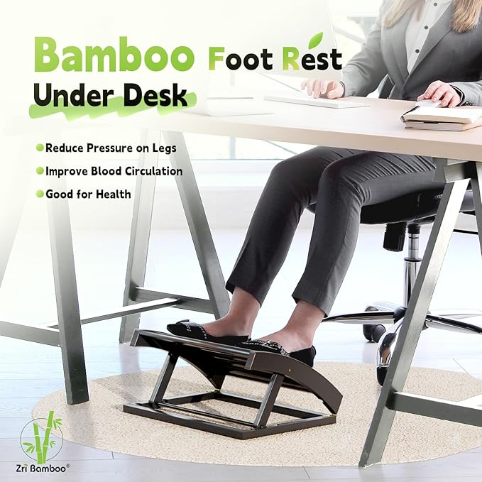Foot Rest for Under Desk at Work - Adjustable Black Bamboo Footrest for Office and Couch-DeskLoop Office