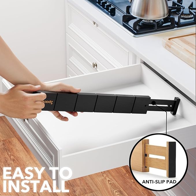 SpaceAid Bamboo Drawer Dividers with Inserts and Labels, Kitchen Adjustable Drawer Organizers, Expandable Organization for Home, Office, Dressers, 10 Dividers with 24 Inserts (17"-22" Black)-DeskLoop Office