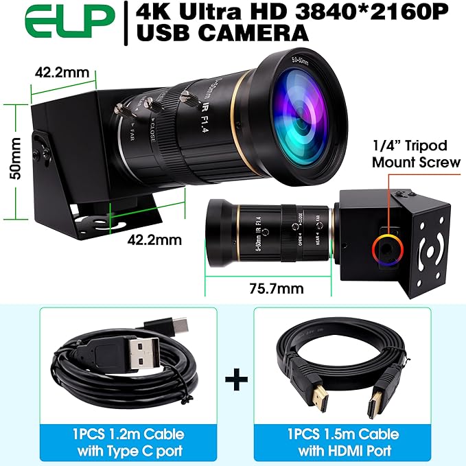 ELP 4K USB HDMI USB Camera Manual Zoom Webcam Variable Focus PC Camera Mini Close-up Camera for Computer H.264 Telescope USB Security Camera 8mp IMX415 Industrial CCTV Camera (5-50mm 10X Zoom Lens)-DeskLoop Office