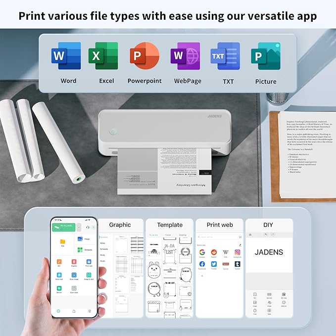 JADENS Portable Printers Wireless for Travel, Thermal Inkless Printer, Support 8.5" X 11" Thermal Paper, Compatible with iOS, Android & Laptop-DeskLoop Office