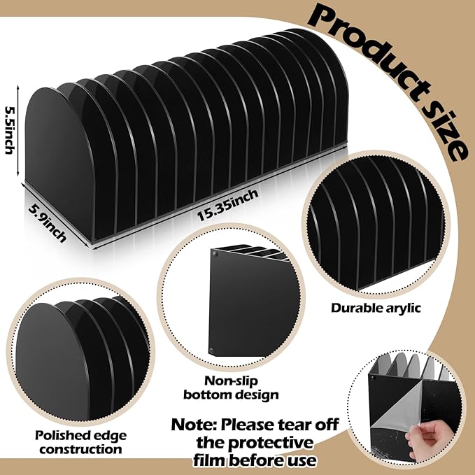Ctosree Acrylic File Organizer for Desk Vertical 15 Compartments File Sorter Mail Organizer Desktop Countertop Folder Stand Racks for Office Home School Desk(Arch,Black)-DeskLoop Office