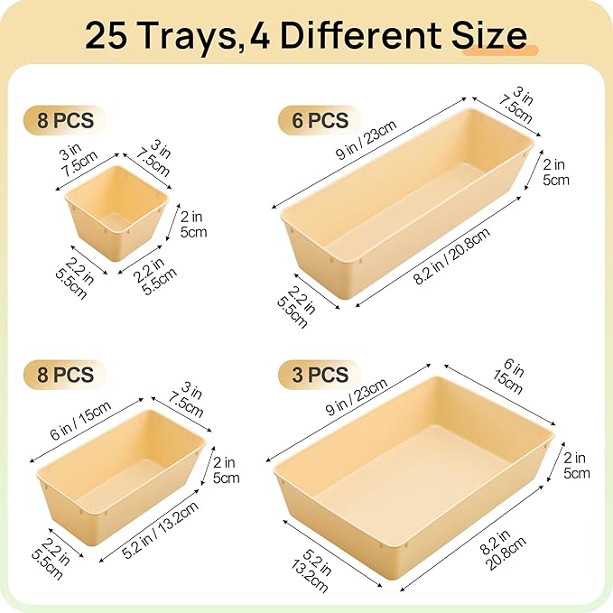 Vtopmart 25 PCS Plastic Drawer Organizers Set, 4-Size Versatile Bathroom and Vanity Drawer Organizer Trays, Storage Bins for Makeup, Bedroom, Kitchen Gadgets Utensils and Office-DeskLoop Office
