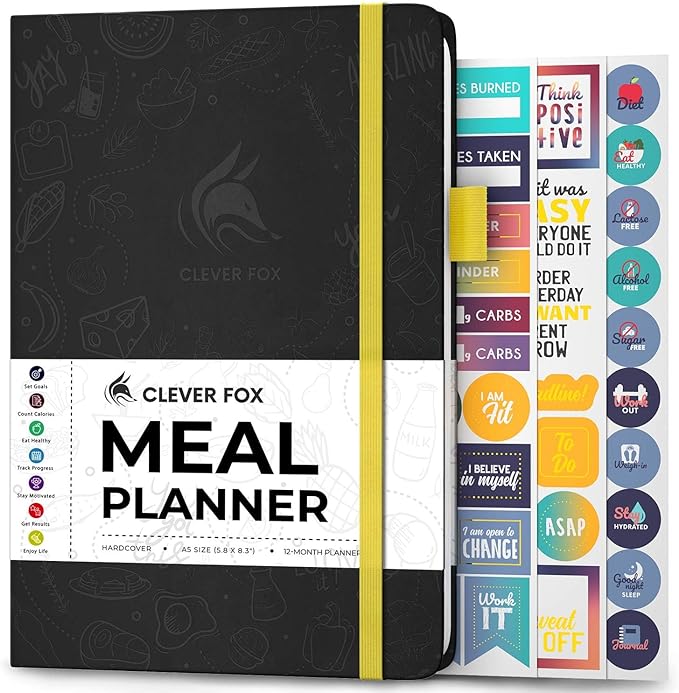 Clever Fox Weekly Meal Planner - Weekly & Daily Meal Prep Journal with Shopping and Grocery Lists for Menu Planning, Healthy Diet & Weight Loss Tracking, Lasts 1 Year, Undated, A5 - Black-DeskLoop Office
