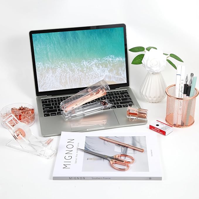 Rose Gold Desk Accessories, Office Supplies Set with Acrylic Stapler, Tape Dispenser, Staple Remover, Pen Holder, Scissor, Binder Paper Clips, 1 Ballpoint Pen, 1 Clear Tape and 1000pcs Staples-DeskLoop Office