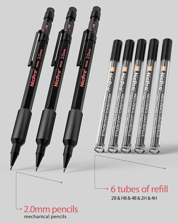 Nicpro 3 Pack 2mm Mechanical Pencils Set with Case, 33 Graphite Lead Refills (4B 2B HB 2H 4H), 36 Colored Lead, Erasers -Weatherproof Metal Barrel, Heavy Duty Carpenter Pencil For Drawing Sketching-DeskLoop Office