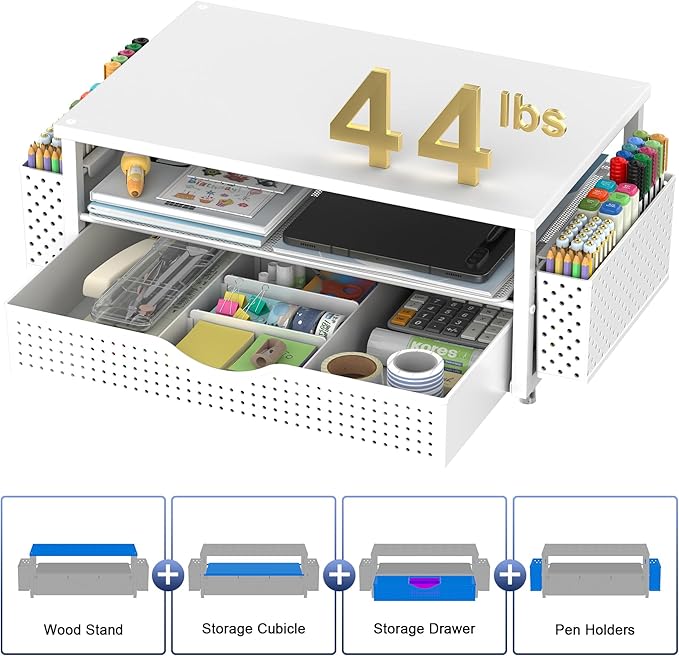 Desk Organizer and Accessories, Computer Monitor Stand Riser with Drawer and 2 Pen Holders, Office Desk Accessories & Workspace Organizers for Office Supplies (White)-DeskLoop Office
