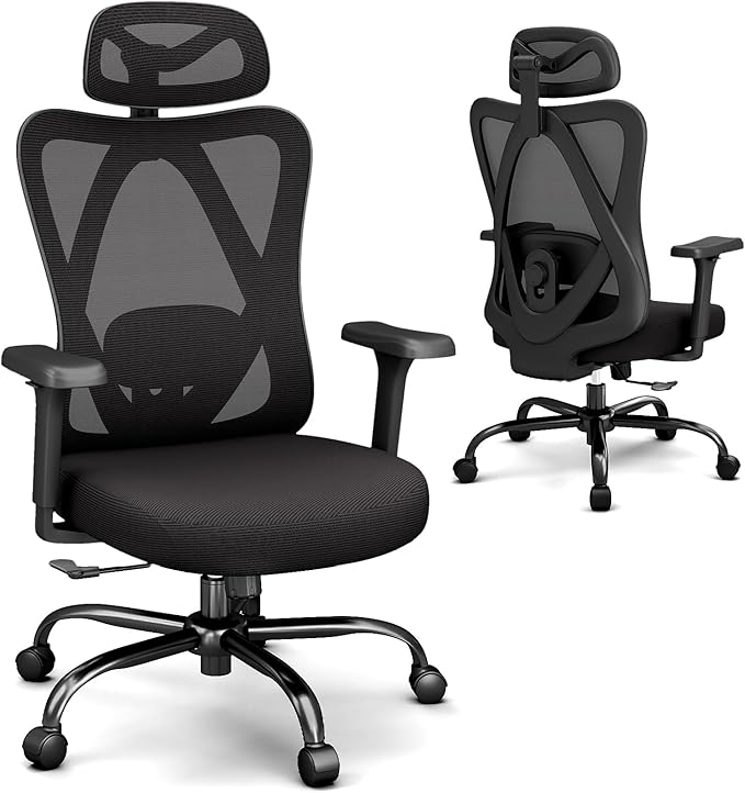 Ergonomic Office Chairs with Adjustable Headrest and Lumbar Support, High Back Mesh Home Computer Desk Chairs with 3D Armrest, 360° Swivel Wheels and Rocking Function, Black-DeskLoop Office