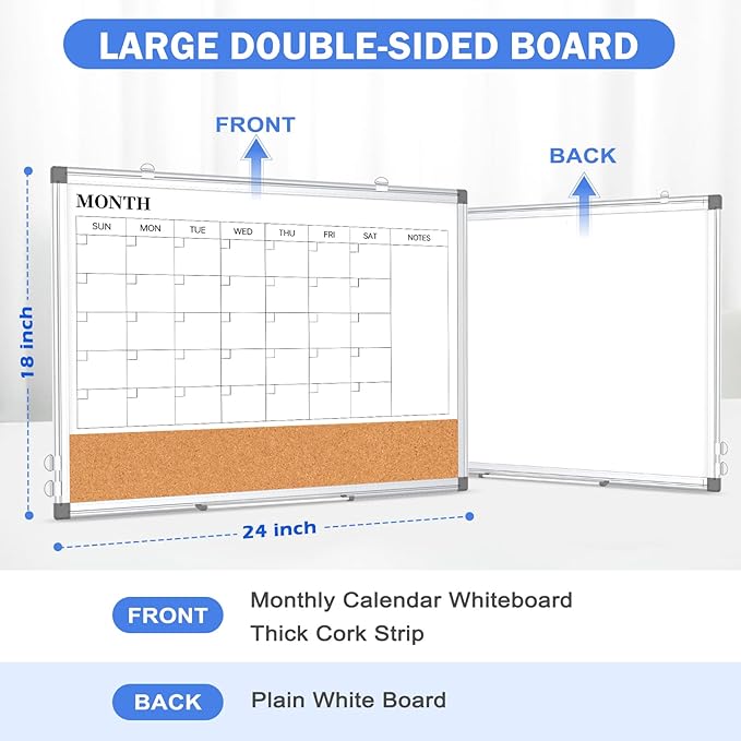 Monthly Calendar Whiteboard Dry Erase Cork Board Combo for Wall, 24" x 18" Double-Sided Calendar White Board and Bulletin Board, Portable Board for Office, Kitchen, School, Home-DeskLoop Office