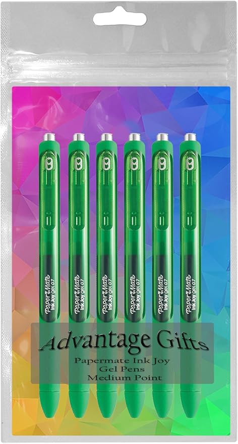 Paper Mate InkJoy Gel Pens, Green Ink, Medium Point (0.7mm), 6 Count, Bundle with Plastic Reusable Pouch-DeskLoop Office